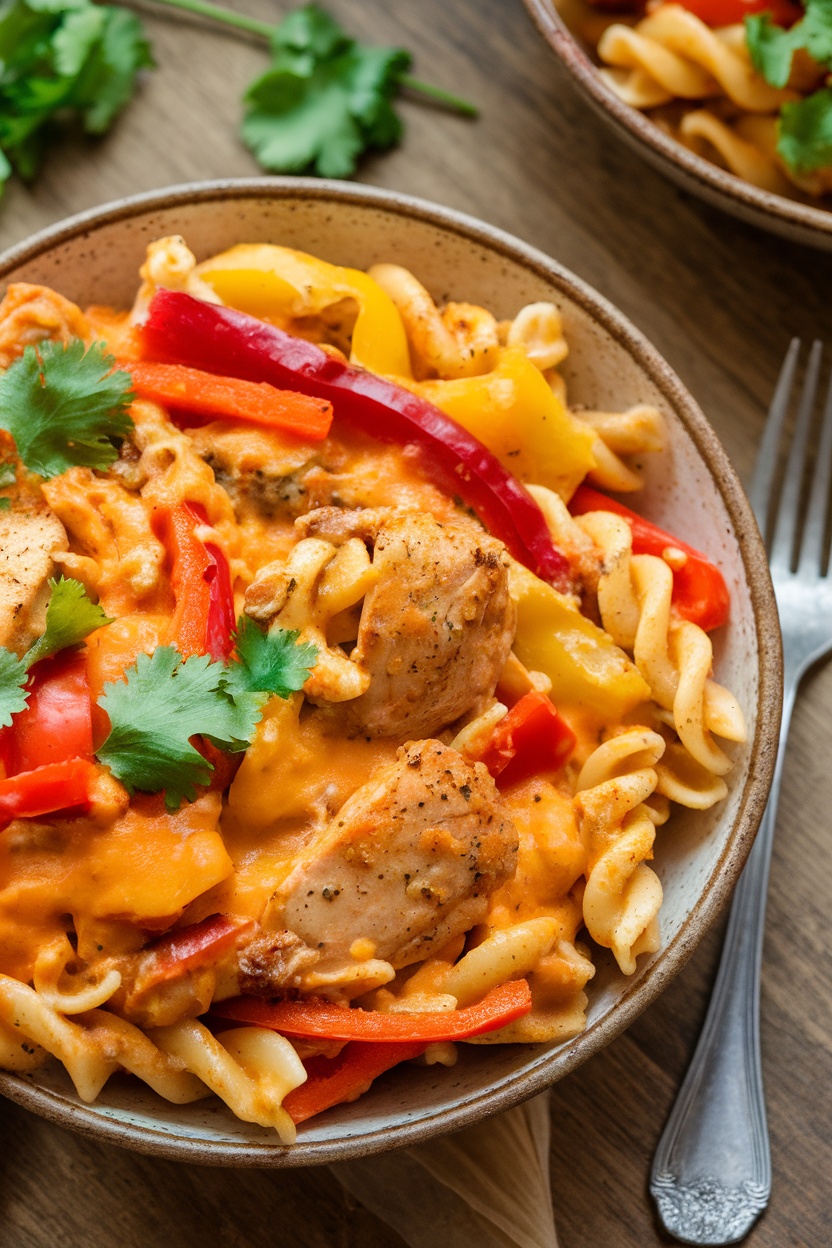 A delicious serving of zesty chicken taco pasta with colorful ingredients, garnished with cilantro, on a wooden table.